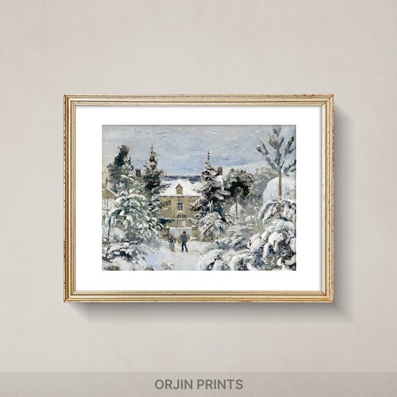 Snow Covered Path Pine Trees Cottage Winter Painting Style Poster