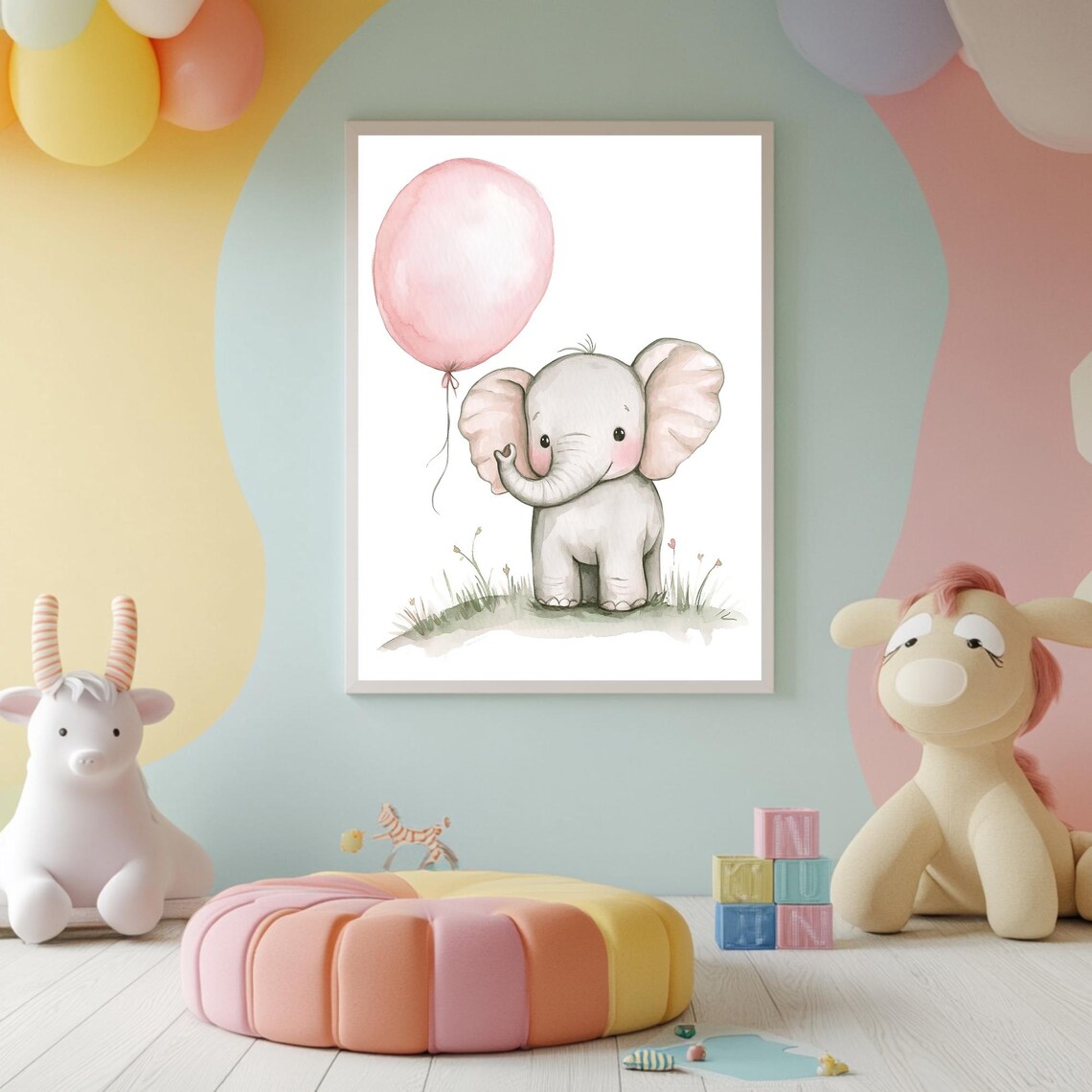 Baby Elephant Holding Pink Balloon Watercolor Nursery Poster - Image 2