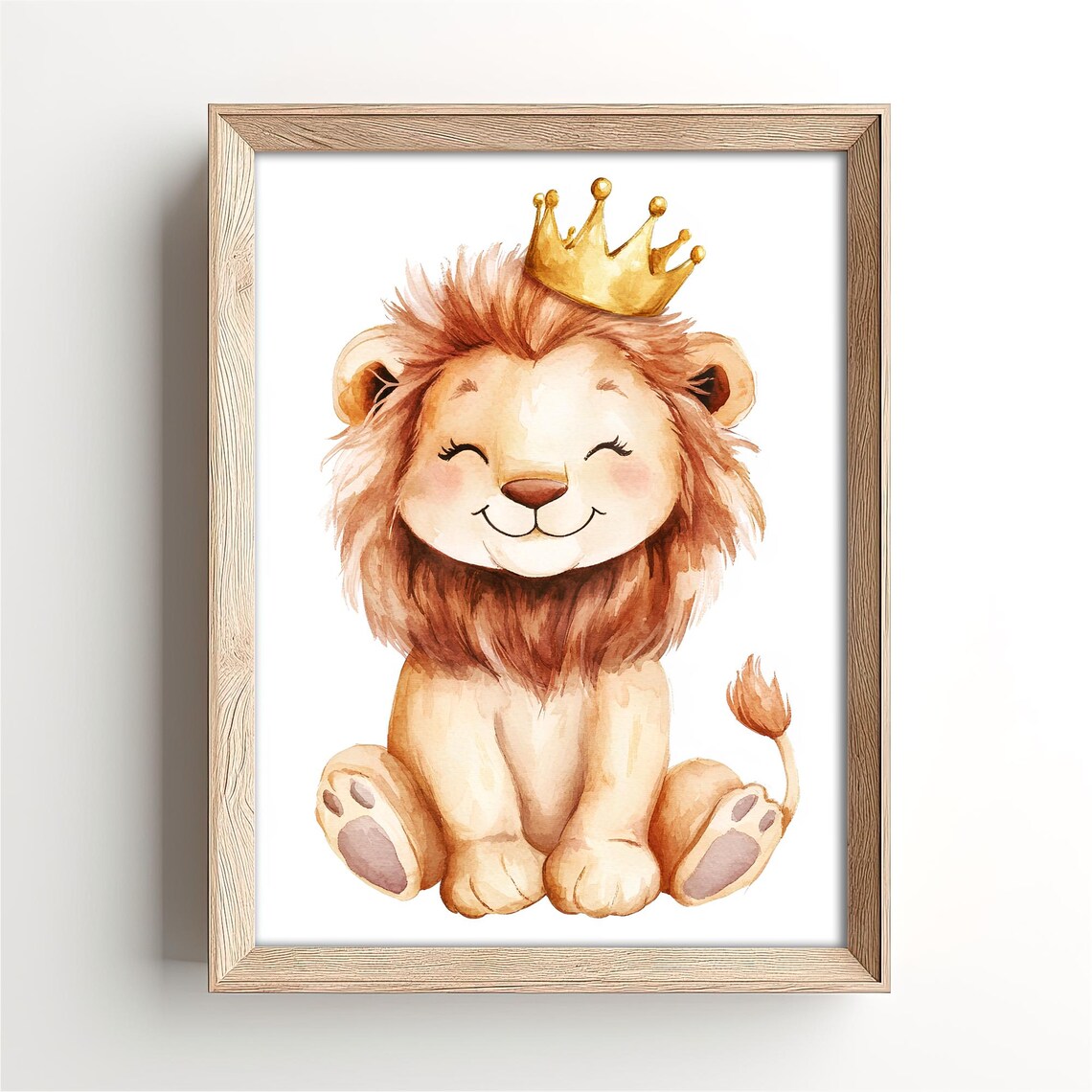 Smiling Baby Lion Wearing a Golden Crown Watercolor Nursery Poster