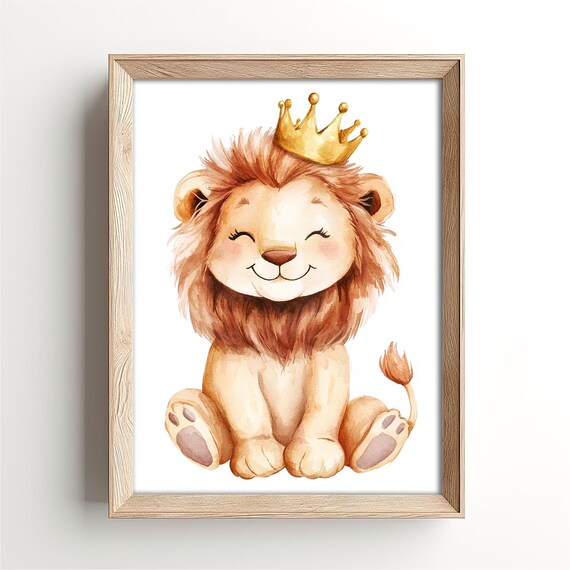 Smiling Baby Lion Wearing a Golden Crown Watercolor Nursery Poster