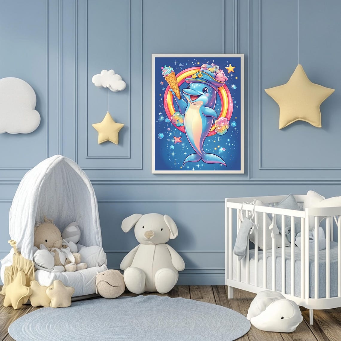 Happy Dolphin Holding Ice Cream Cone Under a Rainbow Night Poster - Image 3