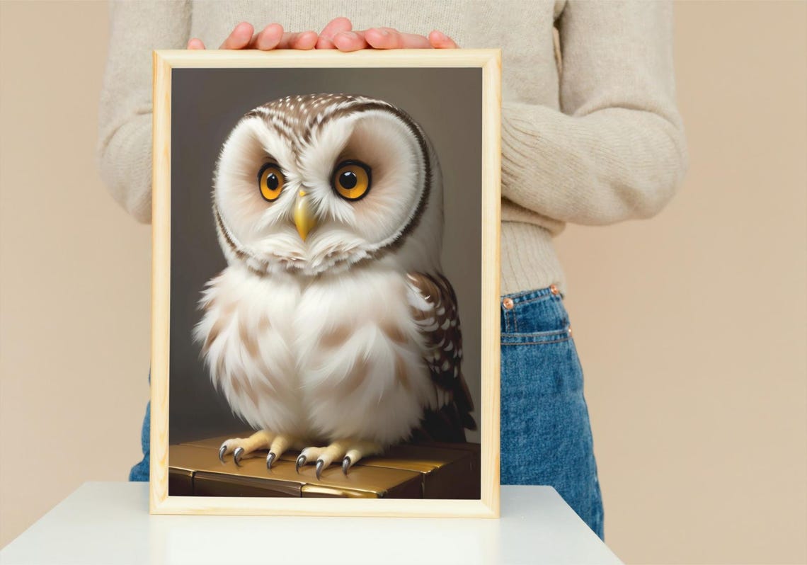 Cute Baby Owl White Feathers Big Amber Eyes Perched Portrait Poster - Image 5