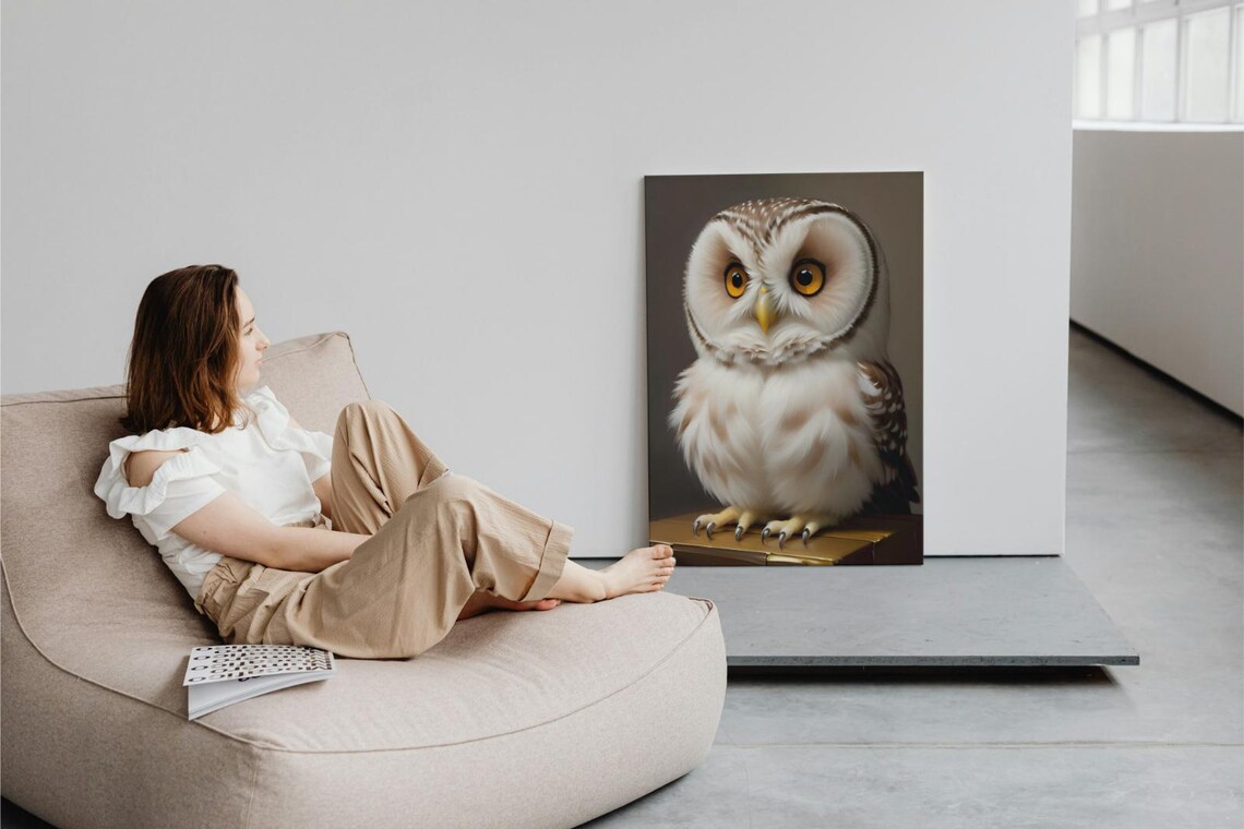 Cute Baby Owl White Feathers Big Amber Eyes Perched Portrait Poster - Image 3