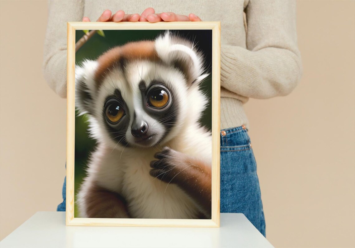 Cute Baby Lemur Huge Amber Eyes Soft White Fur Jungle Portrait Poster - Image 5