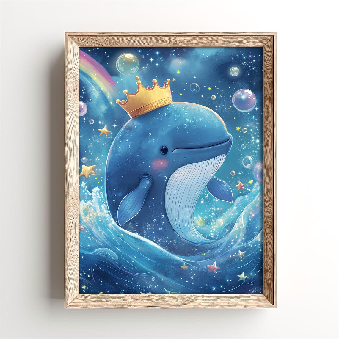 Whimsical Crowned Blue Whale Starry Night Ocean Nursery Art Poster