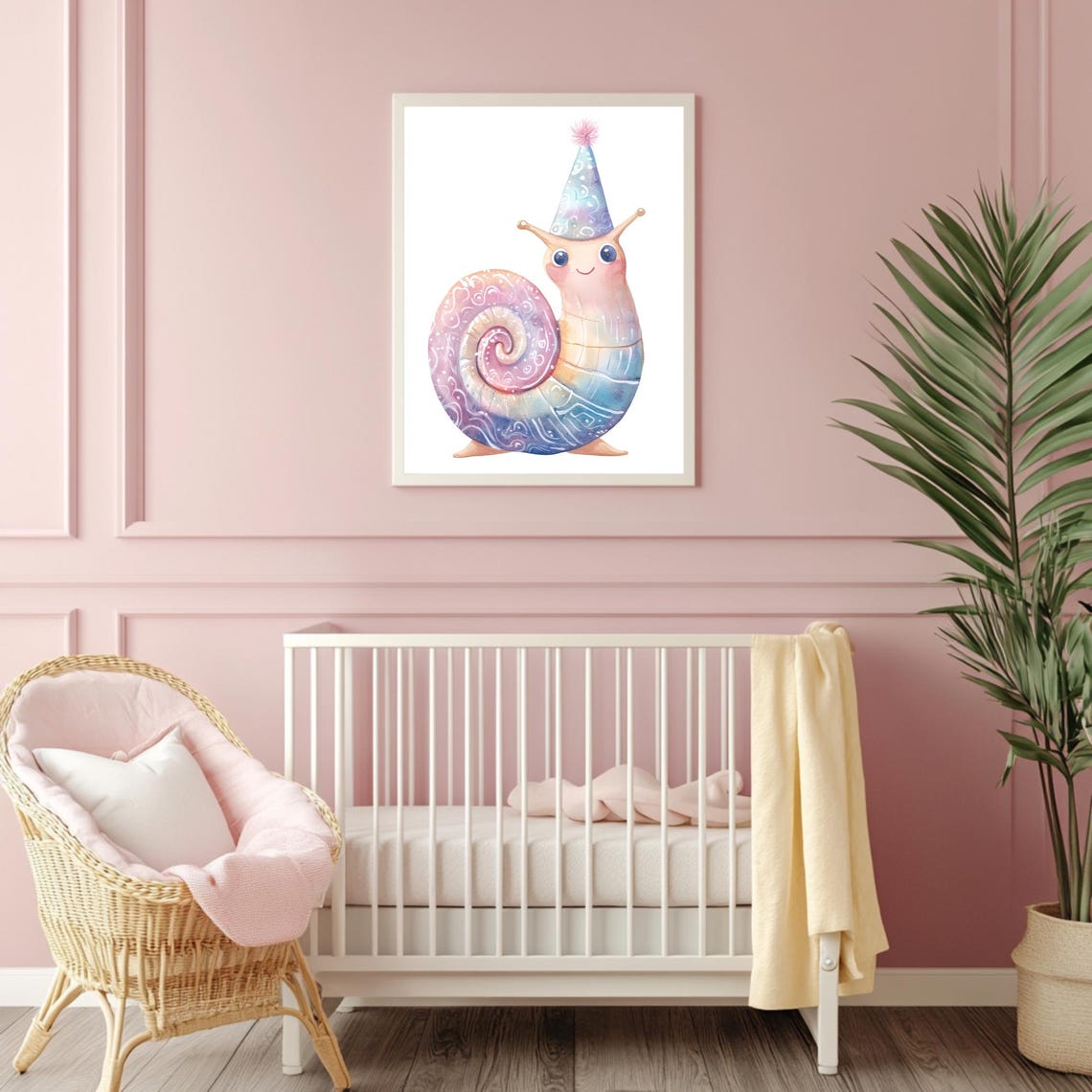 Smiling Snail Wearing Party Hat With Pastel Shell Nursery Poster - Image 4