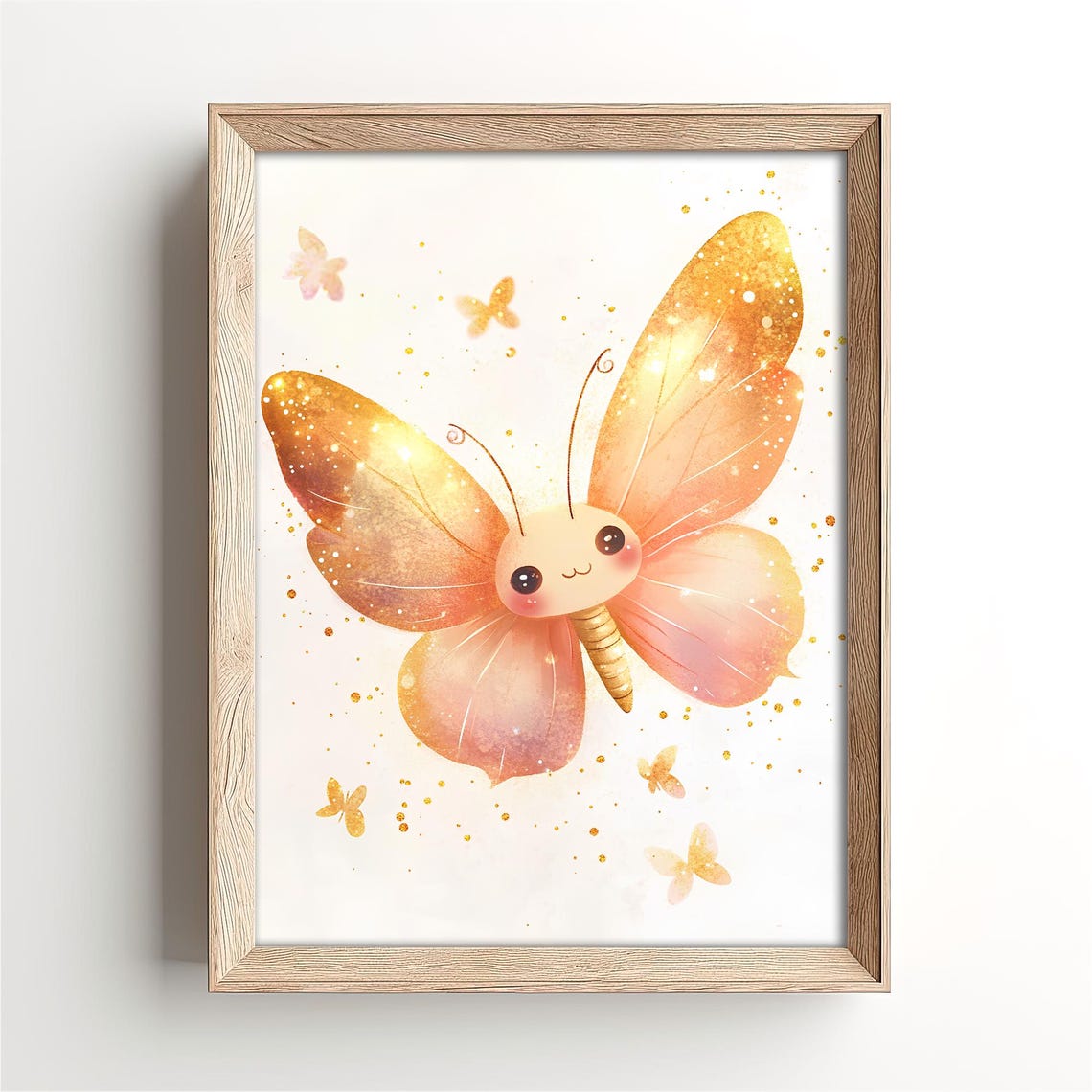 Cute Smiling Butterfly With Golden Wings and Sparkles Poster