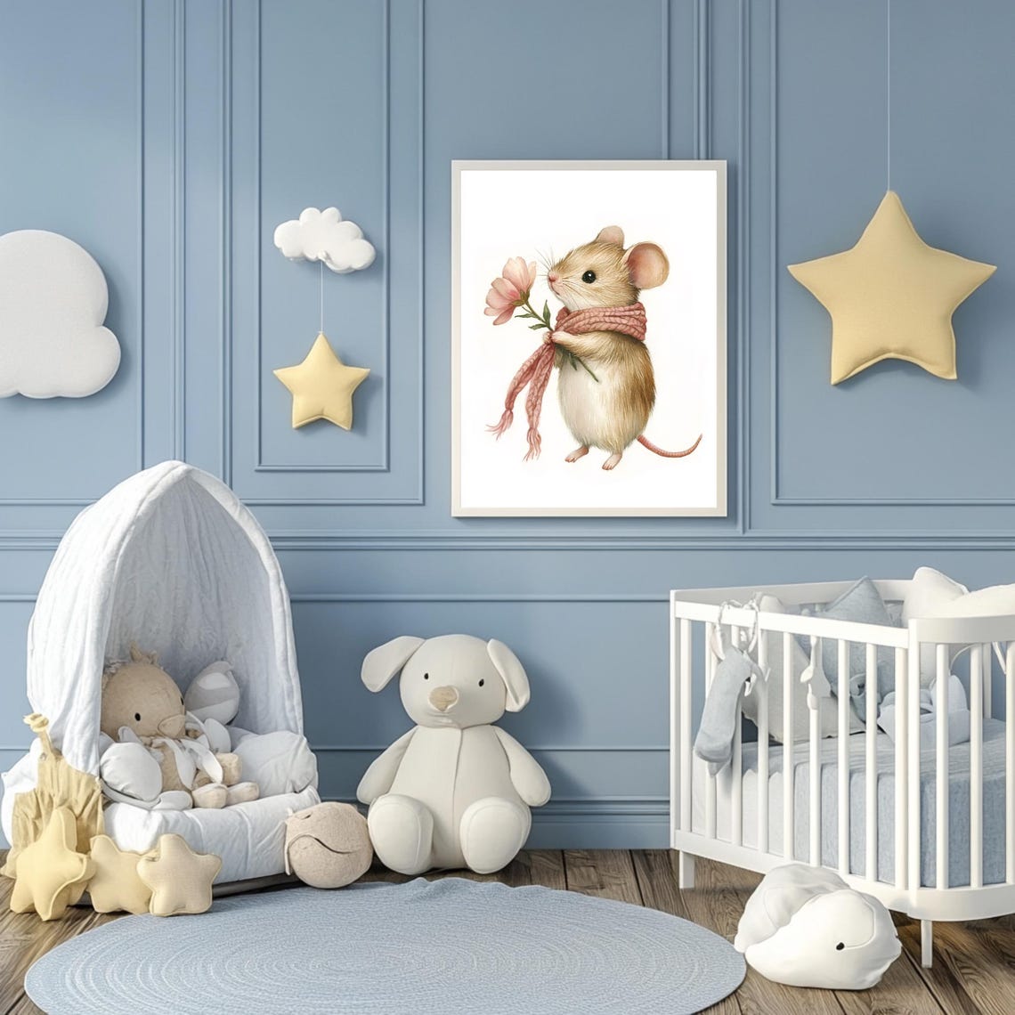 Little Mouse in Pink Knit Scarf Holding a Flower Nursery Poster - Image 3
