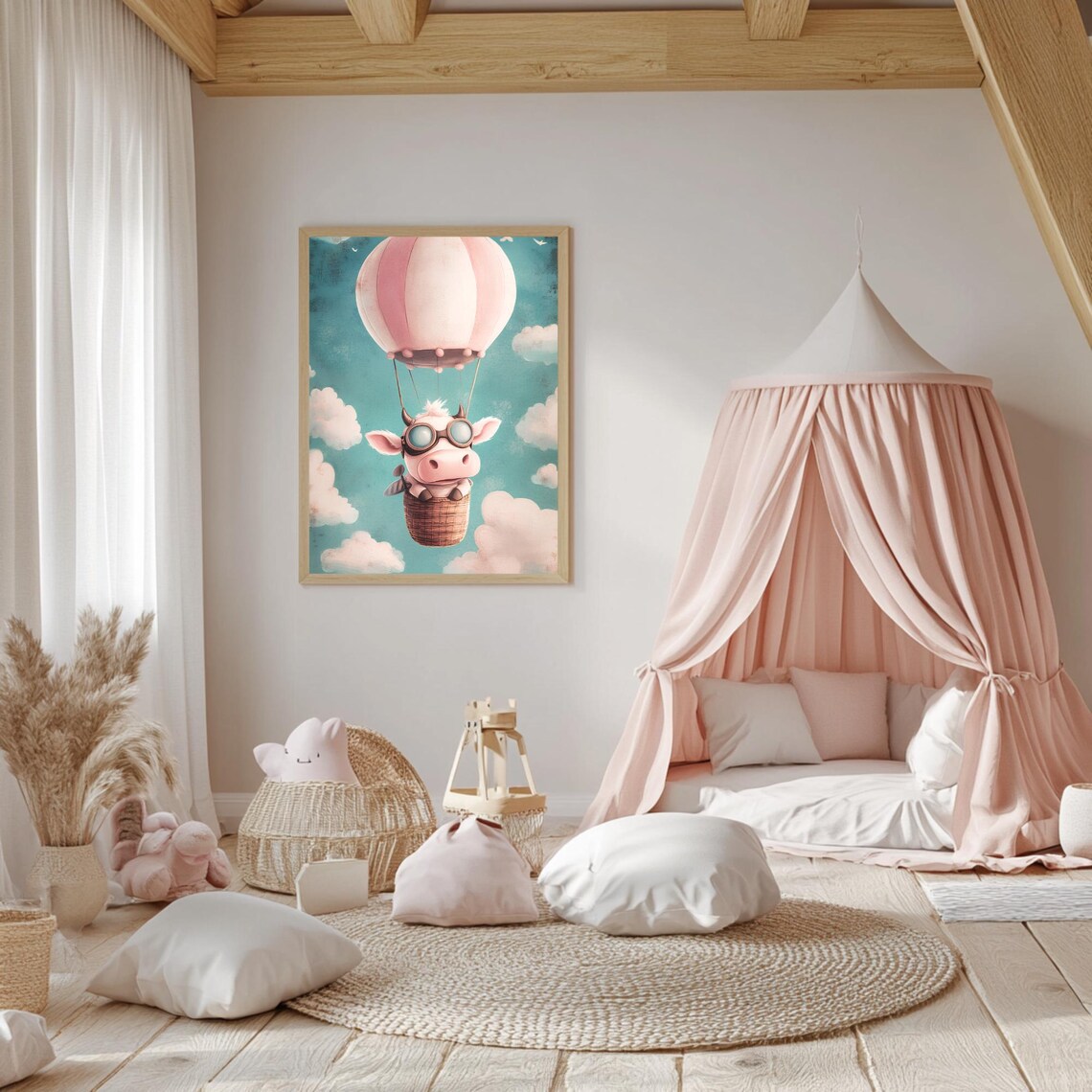 Cute Flying Cow Aviator Goggles Pink Hot Air Balloon Cloudy Sky Poster - Image 5