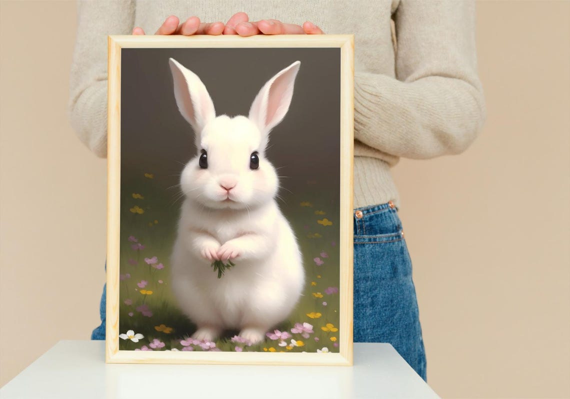 Baby Bunny Wall Art Home Decor Cute Animal Painting Living Room Art - Image 5
