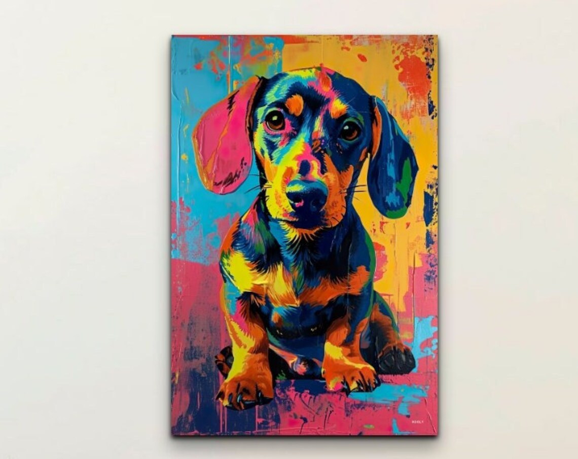 Dachshund Puppy Portrait in Vibrant Neon Pop Art Colors Poster