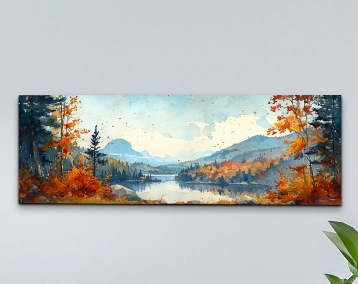 Autumn Valley Lake Watercolor Fall Foliage Panoramic Wall Art