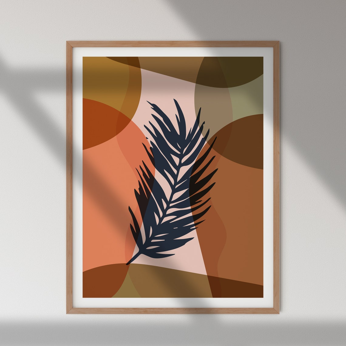 Dark Navy Palm Leaf over Terracotta Geometric Abstract Art Poster