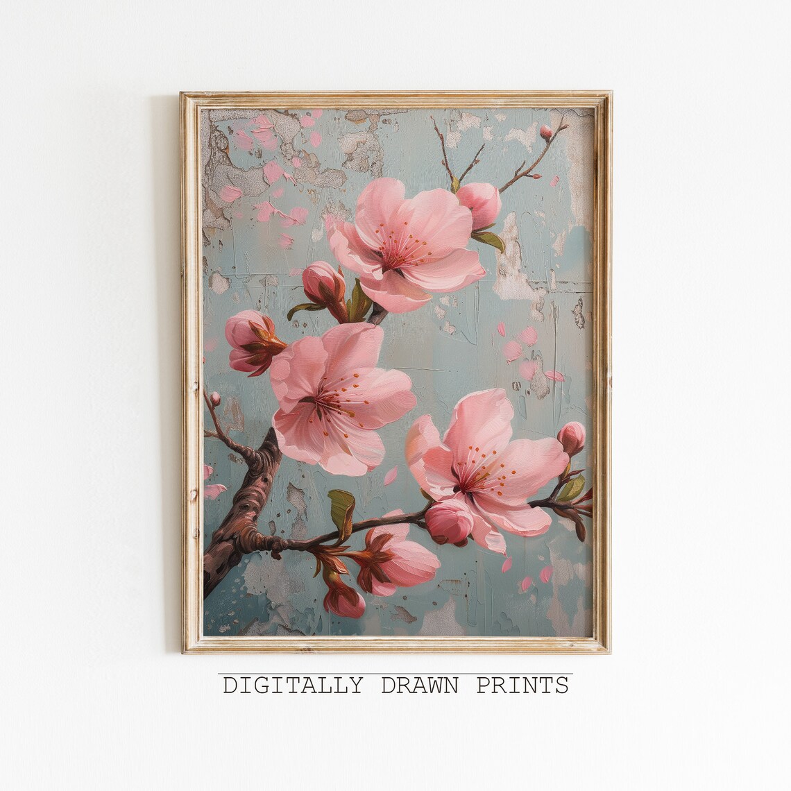 Pink Cherry Blossom Branch Distressed Blue Vintage Floral Oil Painting Art