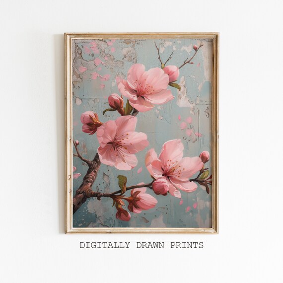 Pink Cherry Blossom Branch Distressed Blue Vintage Floral Oil Painting Art