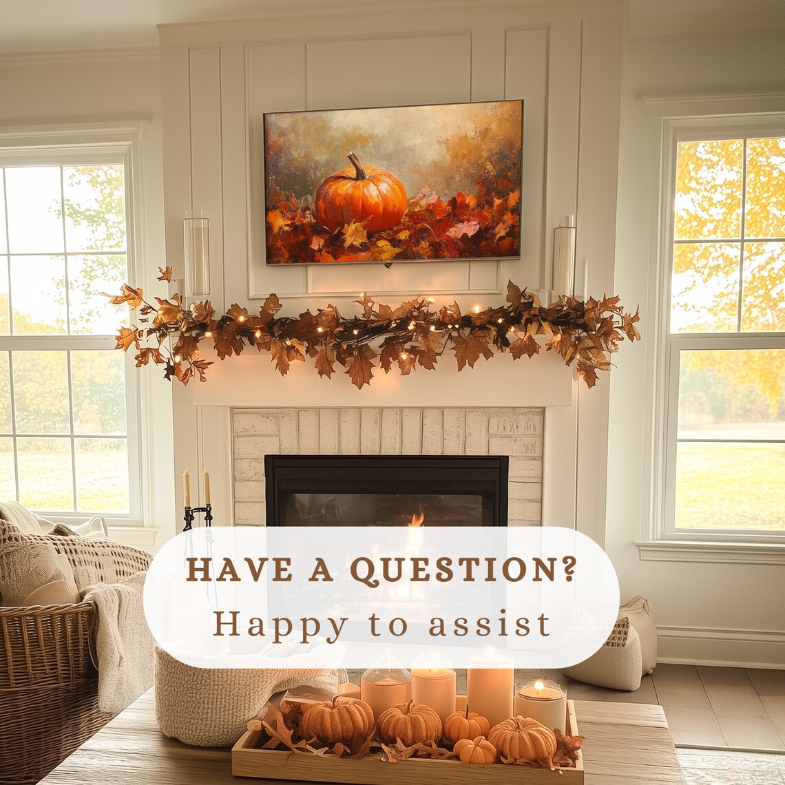 Orange Pumpkin Autumn Leaves Harvest Still Life Cozy Oil Poster - Image 3