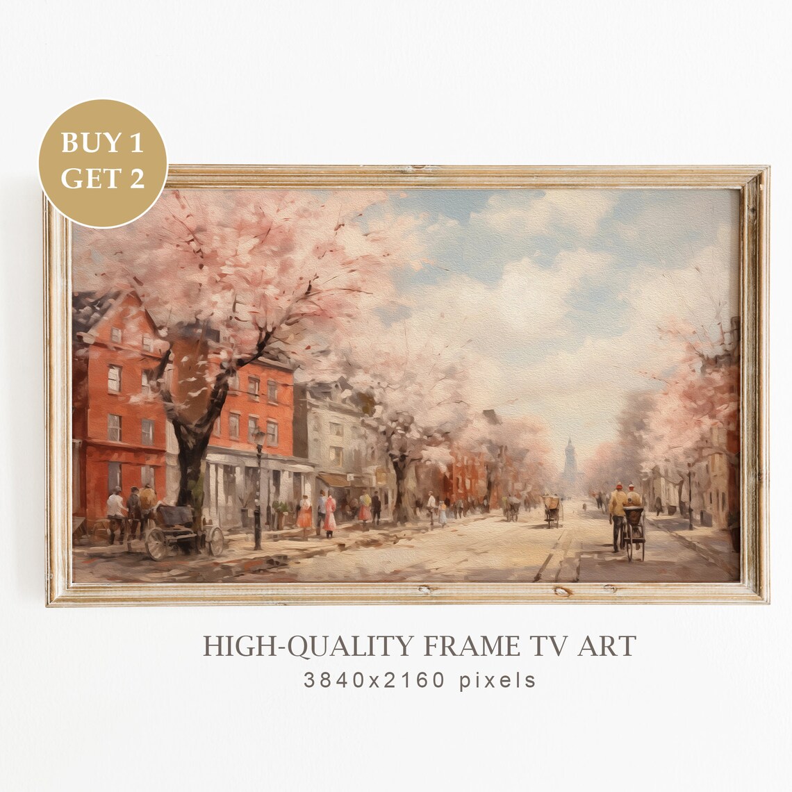 Spring Town Painting, Vintage Seasonal Art Print