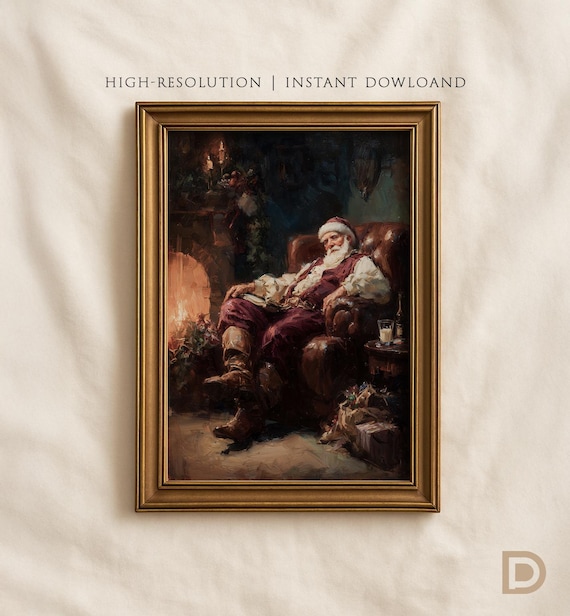 Santa Resting by the Fire Vintage Christmas Oil Painting Print