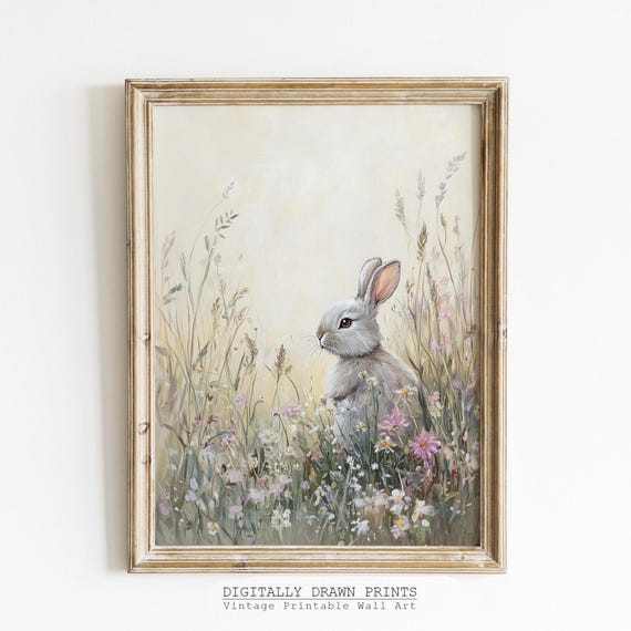 Vintage Spring Landscape Wall Art Muted Farmhouse Print Neutral Easter Bunny Painting Rustic Floral