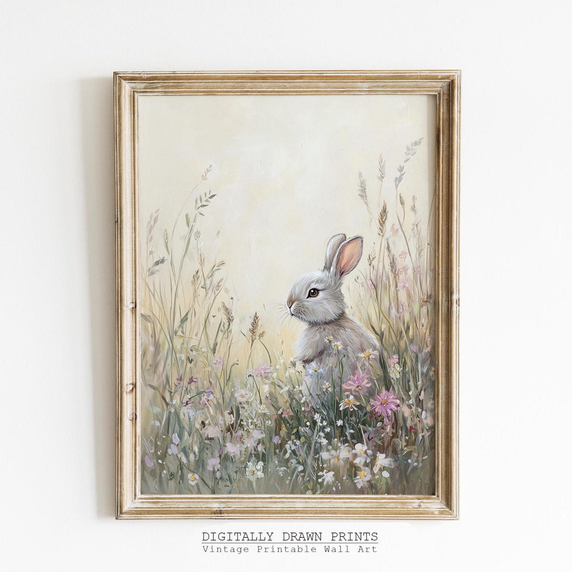Soft Vintage Bunny In Spring Wildflowers Pastel Floral Poster
