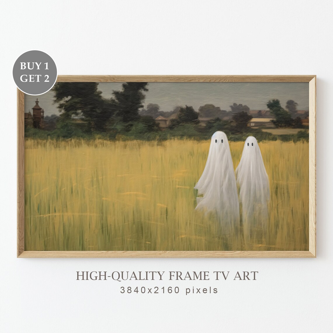 Two Sheet Ghosts In Golden Wheat Field Vintage Halloween Spooky Poster