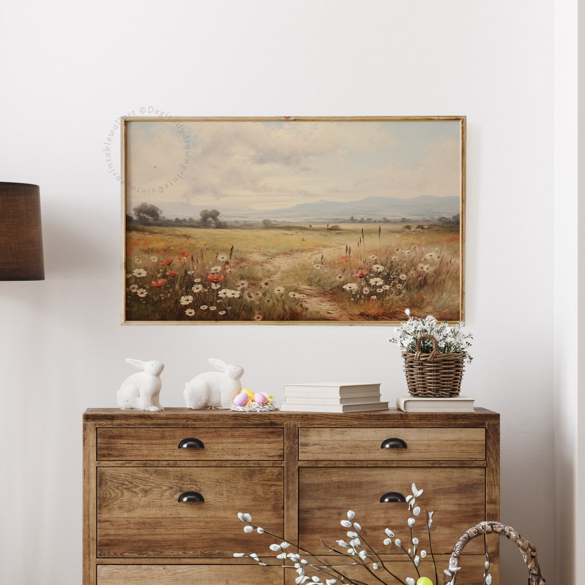 Misty Wildflower Meadow Path Distant Mountains Vintage TV Art Poster - Image 2