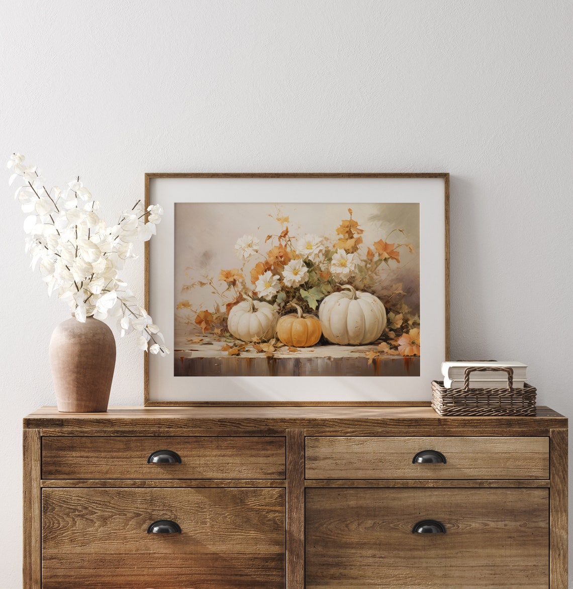 White Pumpkins with Autumn Blooms Rustic Fall Harvest Still Life Print - Image 3