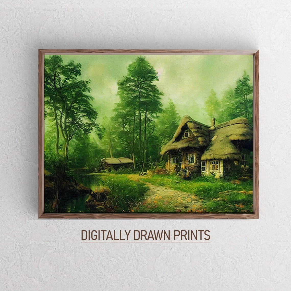 Misty Green Forest Thatched Cottage Pond Vintage Nature Poster