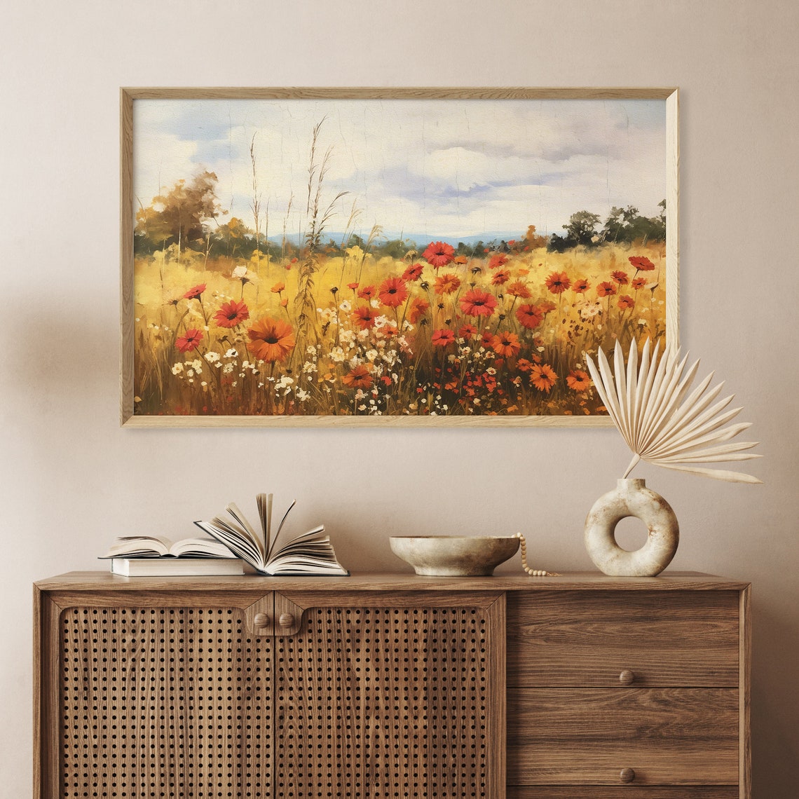 Fall Wildflower Field Red Orange Daisies Golden Meadow Vintage Print - Image 3