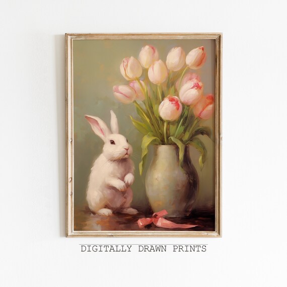 White Bunny Pink Tulips Vase Still Life Vintage Easter Oil Print