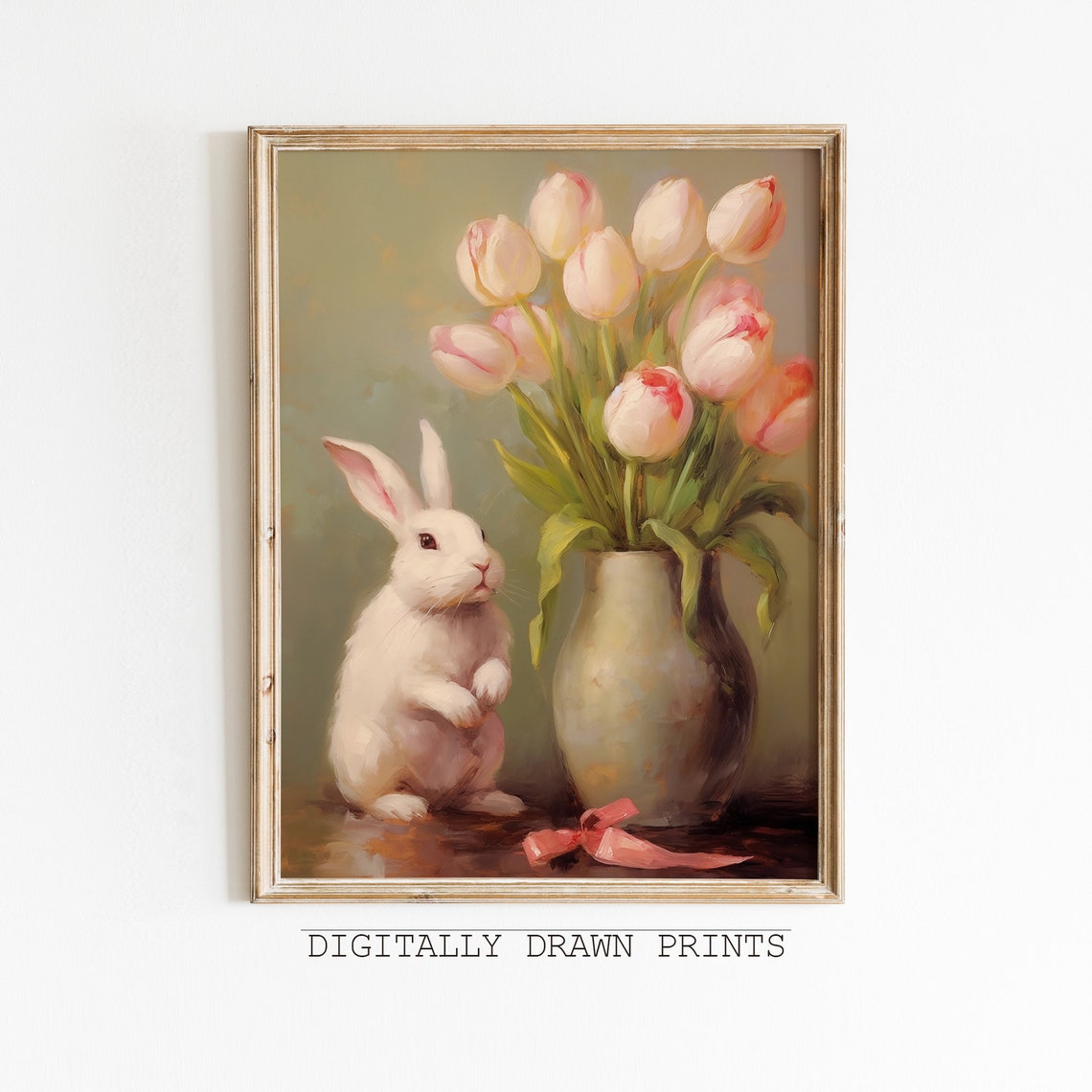 White Bunny Pink Tulips Vase Still Life Vintage Easter Oil Print