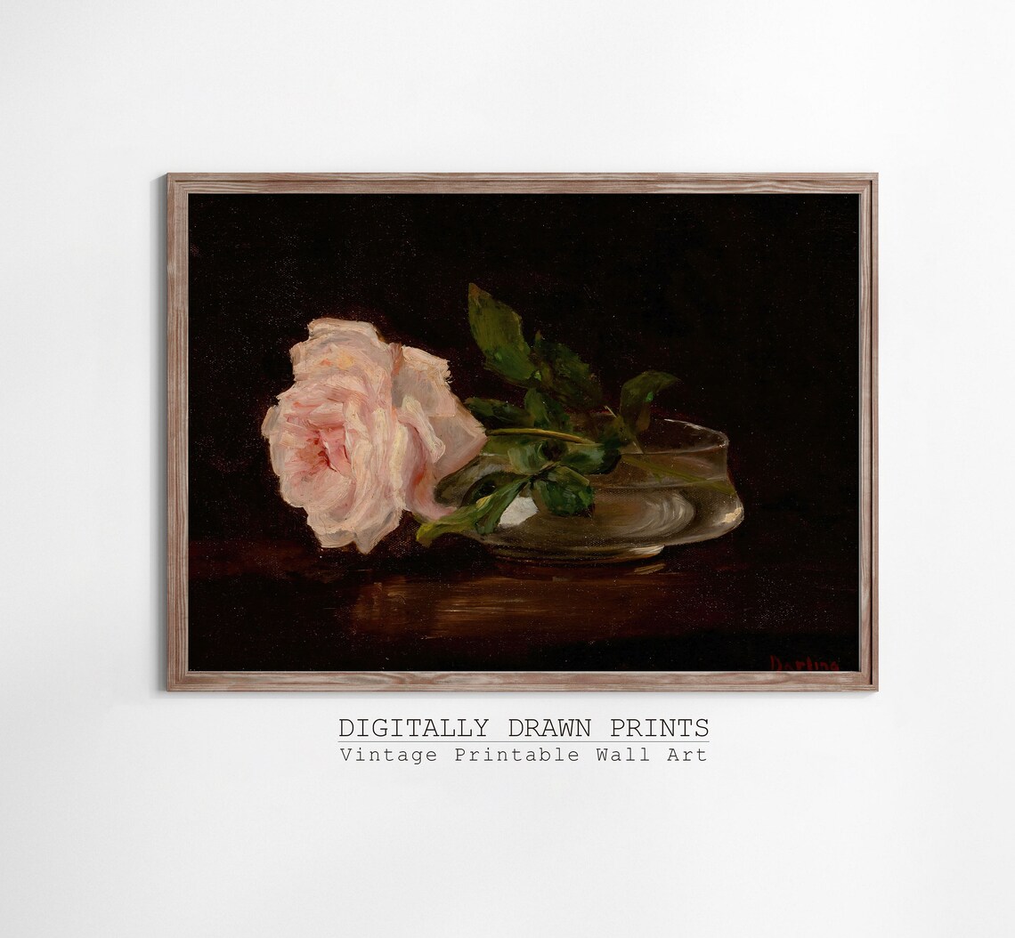 Dark Moody Pink Rose in Glass Bowl Vintage Floral Still Life Print - Image 2