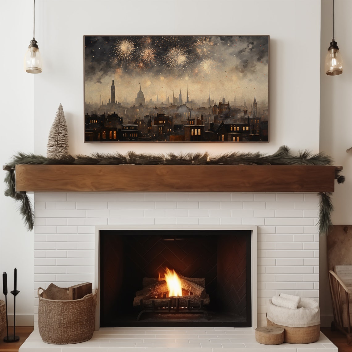 Vintage City Skyline New Years Eve Fireworks Night Art Poster - Image 3