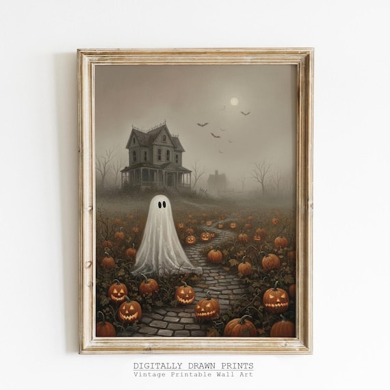Neutral Halloween Wall Art Autumn Pumpkins Spooky Vintage Fall Decor