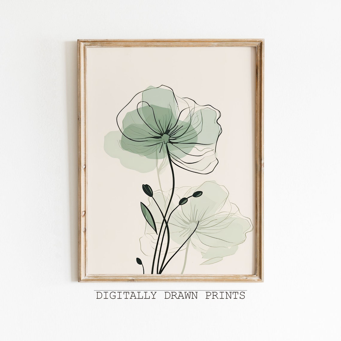 Sage Green Poppy Bloom Delicate Line Art Boho Botanical Wall Poster