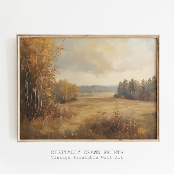 Muted Vintage Autumn Field River Soft Cloudy Sky Neutral Poster
