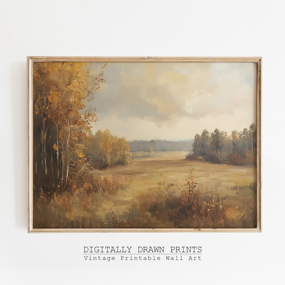 Muted Vintage Autumn Field River Soft Cloudy Sky Neutral Poster