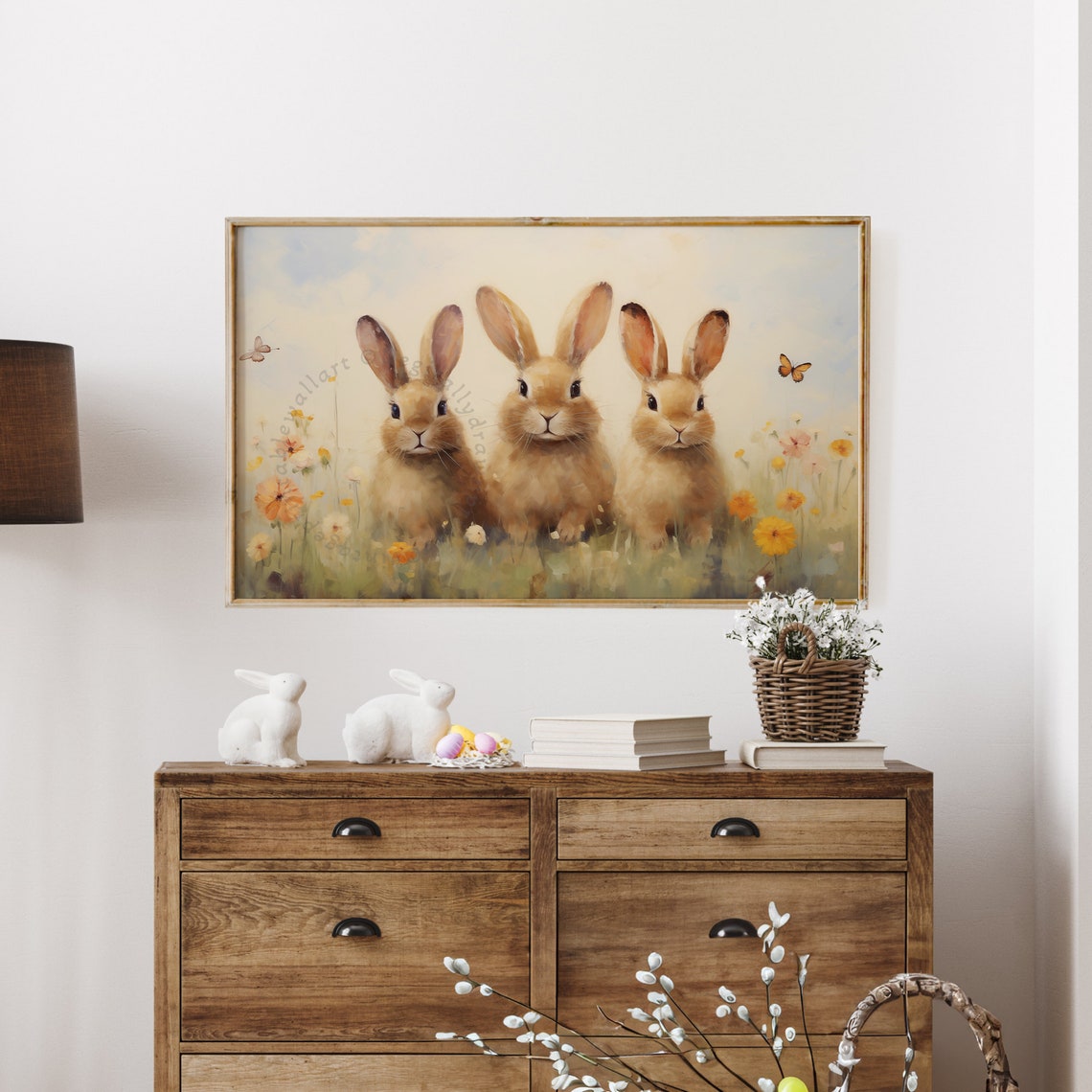 Three Bunnies Wildflower Meadow Butterflies Spring Easter TV Poster - Image 4