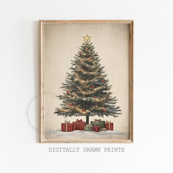 Neutral Christmas Tree Art Print, Rustic Farmhouse Decor