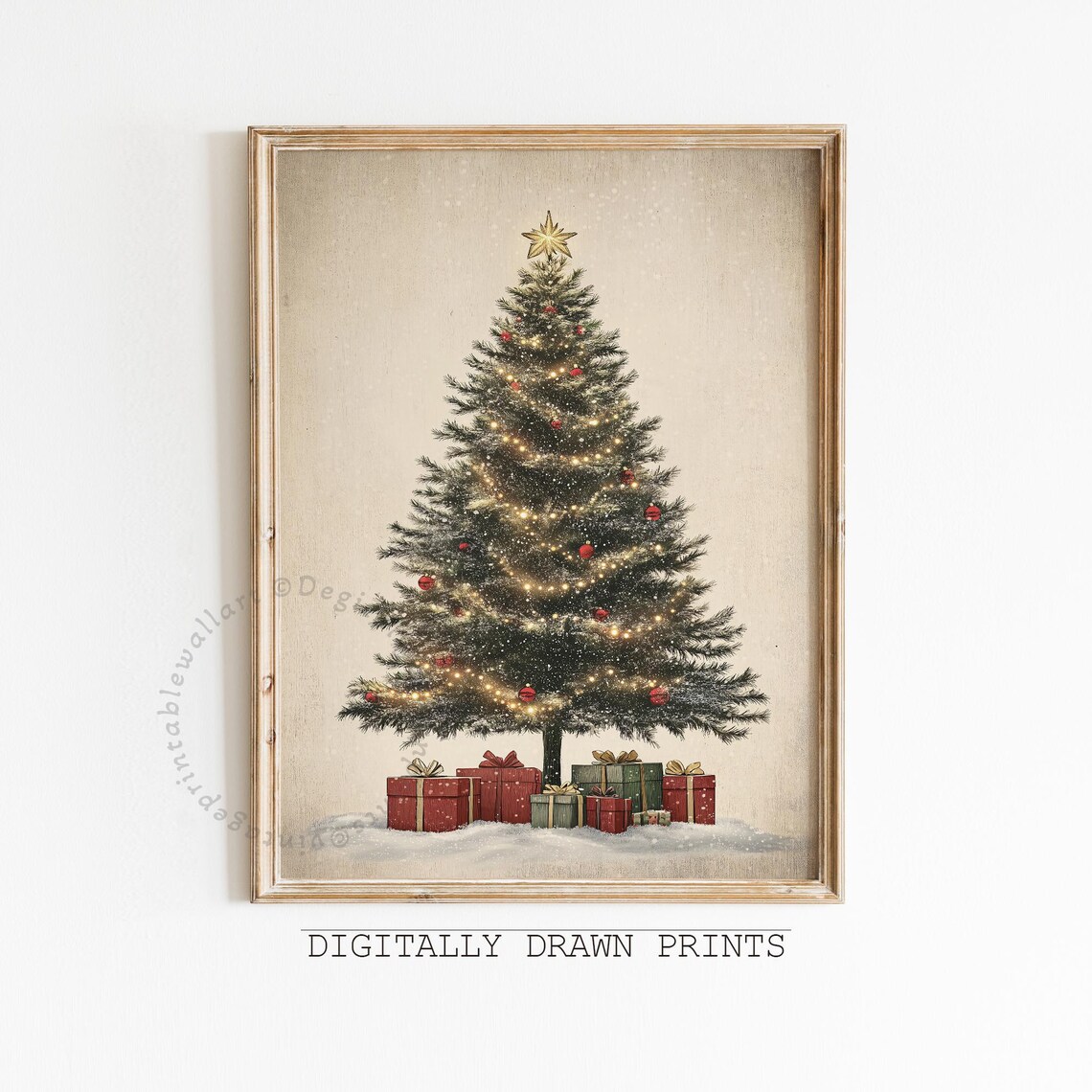 Neutral Christmas Tree Art Print, Rustic Farmhouse Decor