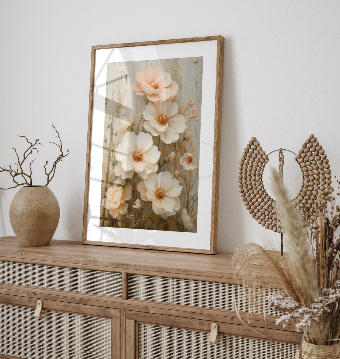 Wildflower Field Landscape Oil Painting Vintage Floral Farmhouse Pinky Cosmos Flowers Spring Neutral Wall Art Print - Image 5