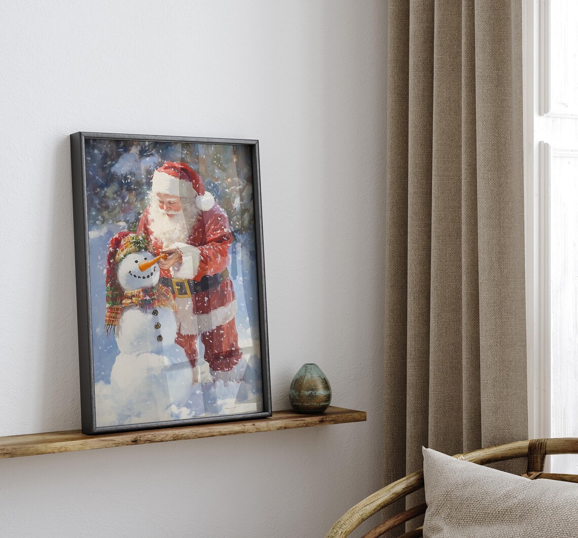 Santa Claus Building Snowman Vintage Christmas Art Print - Image 2