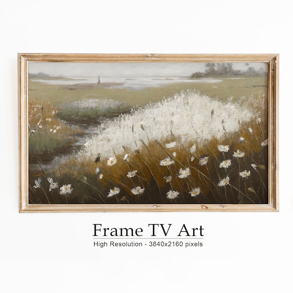 Autumn Wildflower Field White Daisies Misty River Vintage Poster