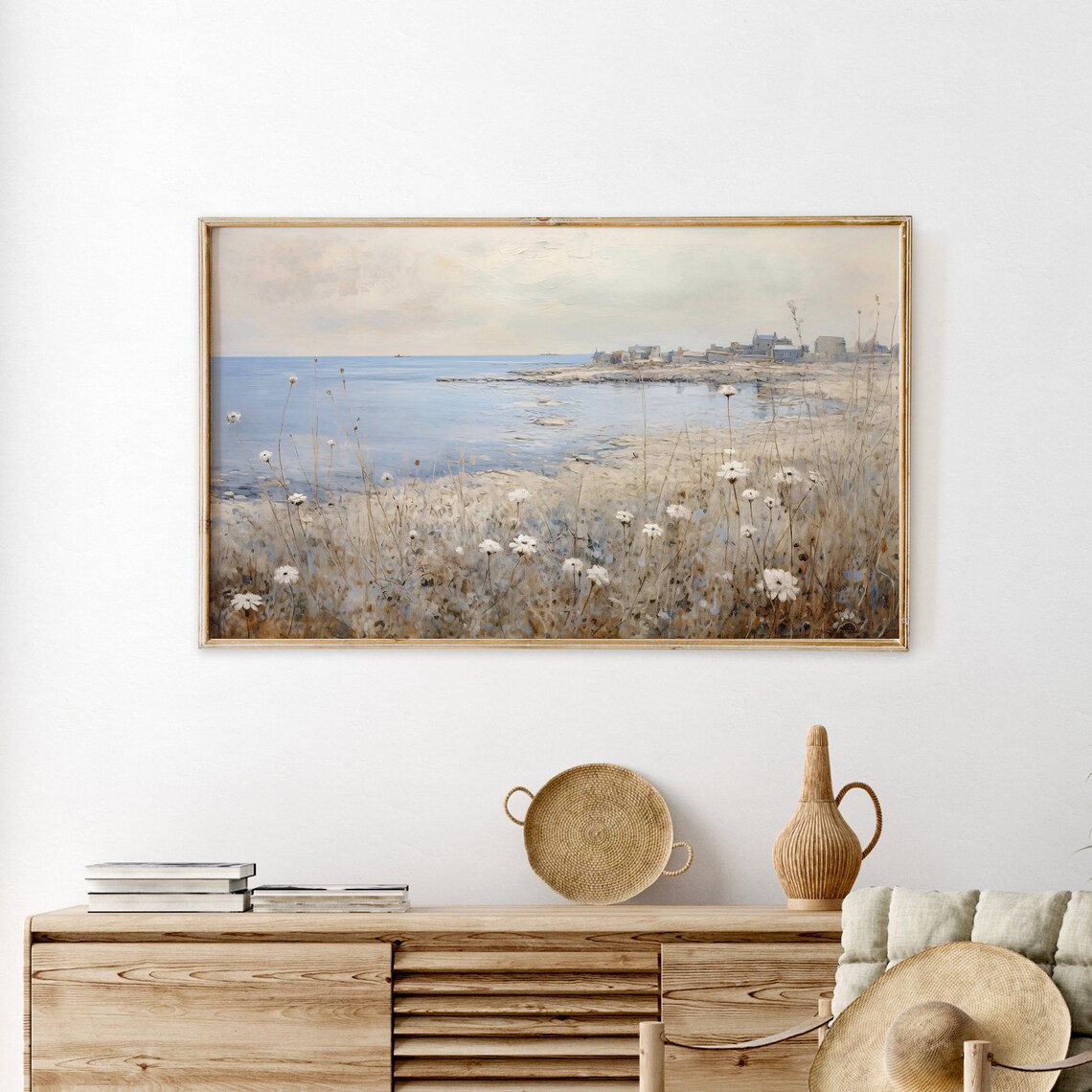 Wildflowers Above Quiet Coastal Shore Village Neutral Vintage Scenery Poster - Image 3