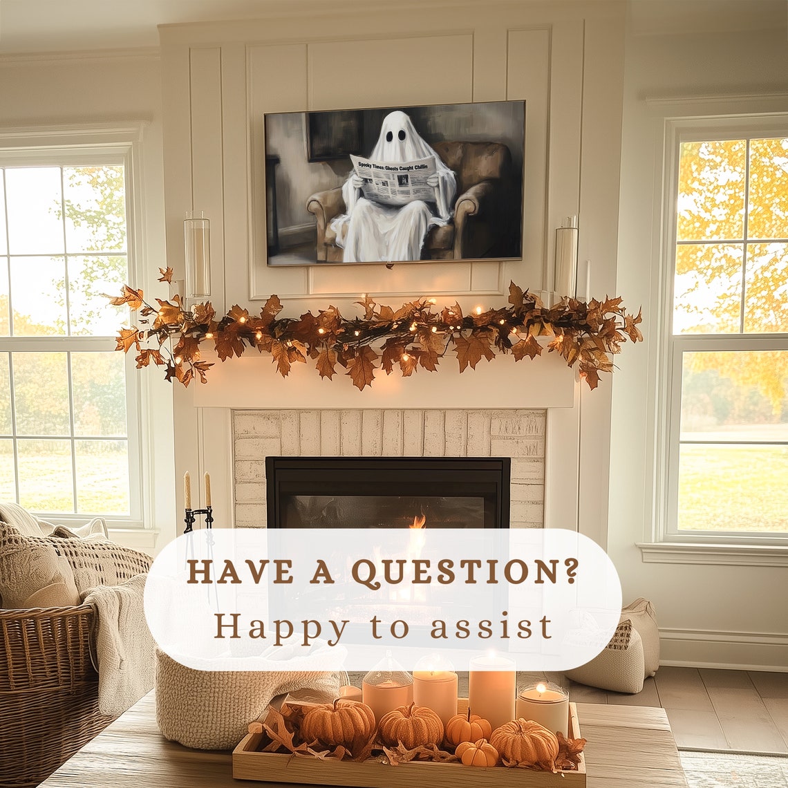 Funny Ghost Reading Spooky Times Newspaper Armchair Halloween Poster - Image 2