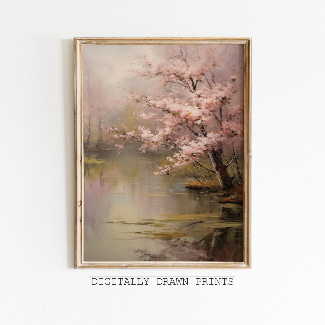 Cherry Blossom Tree Over Calm Lake Spring Moody Landscape Print
