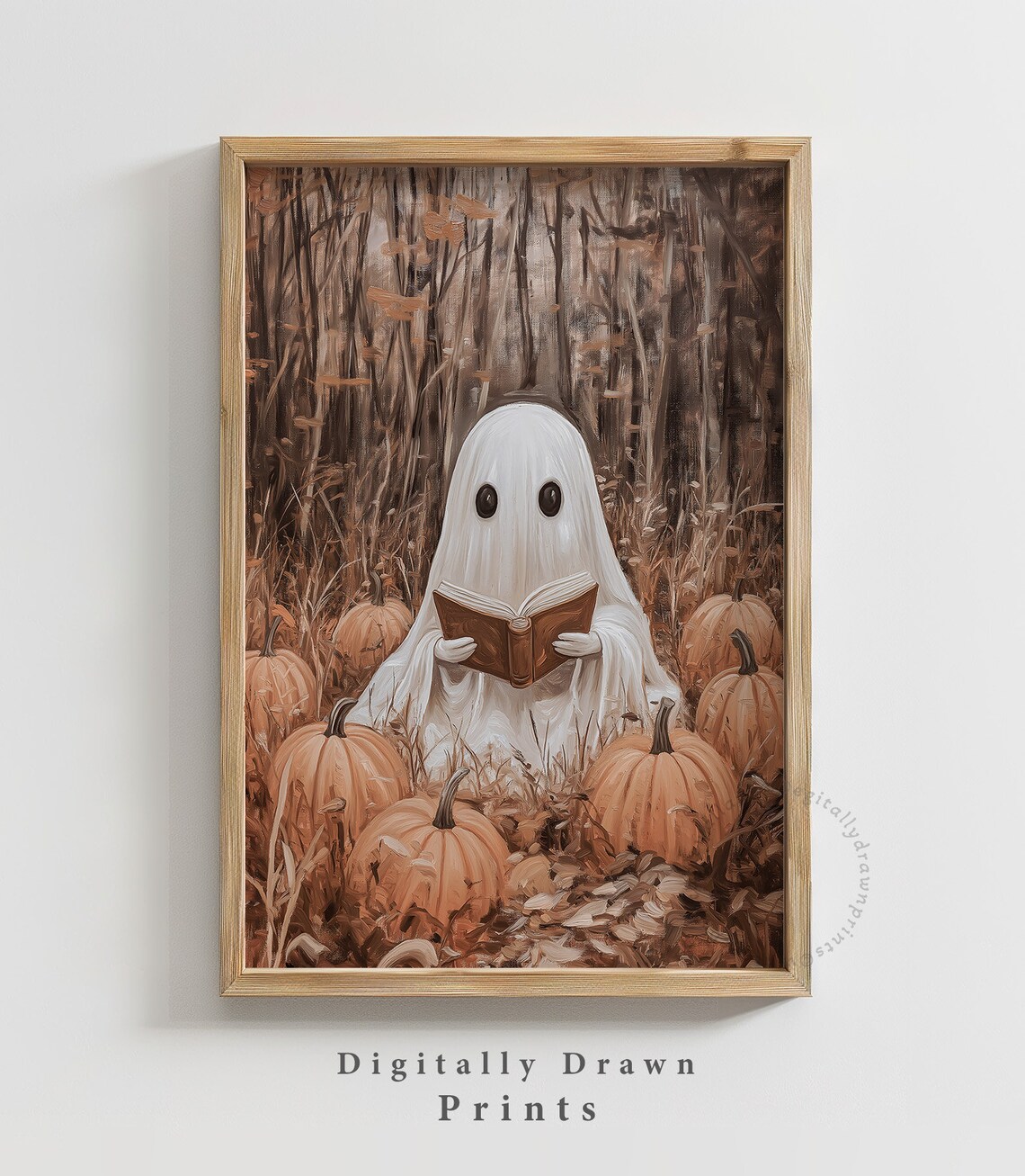 Ghost Reading in Pumpkin Field Halloween Art Print