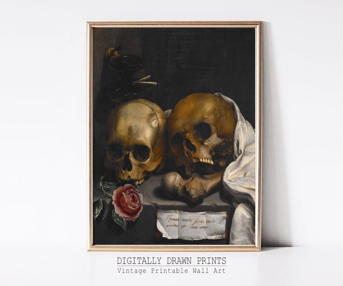 Vanitas Still Life Two Skulls Rose Latin Scroll Dark Gothic Art Print - Image 2
