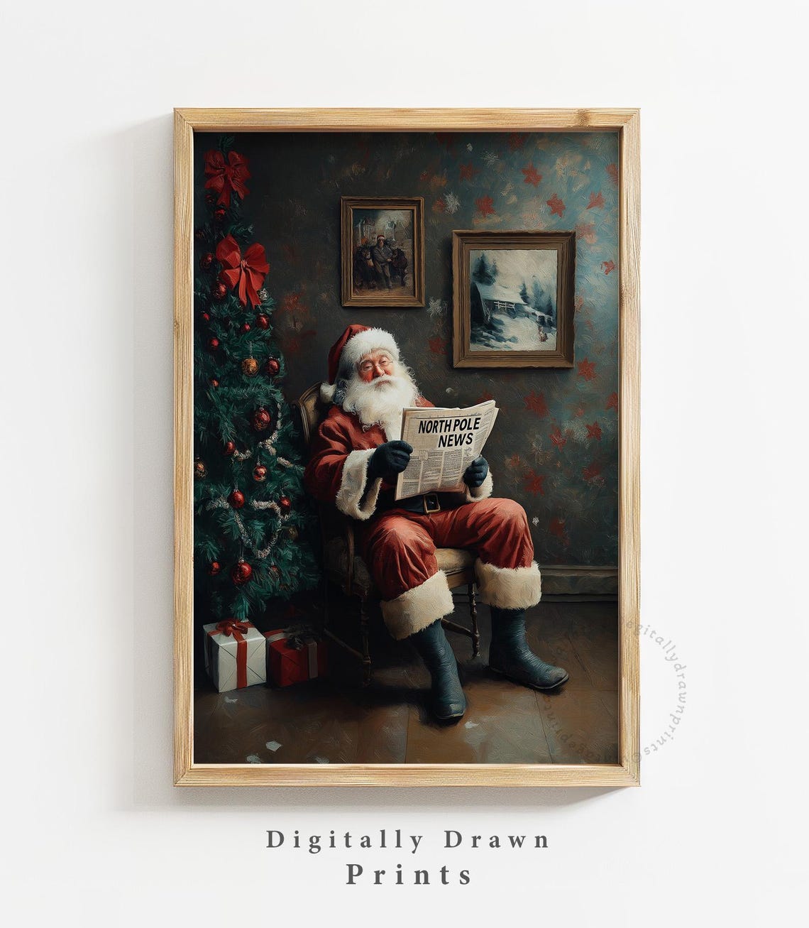 Santa Claus Reading North Pole News Newspaper Christmas Tree Poster