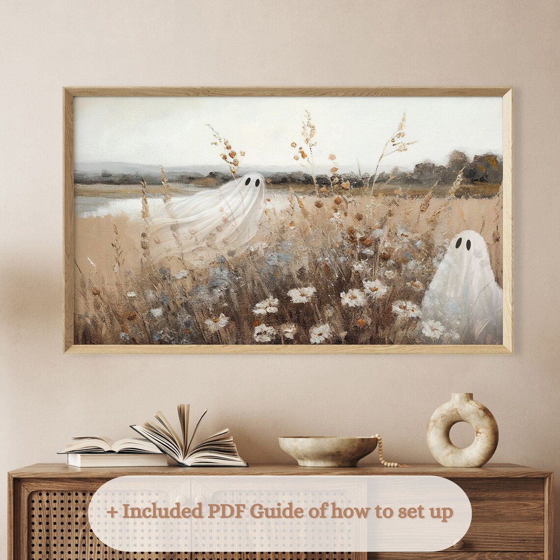 Halloween Wildflower Field Ghost Art, Vintage Fall Landscape - Image 2
